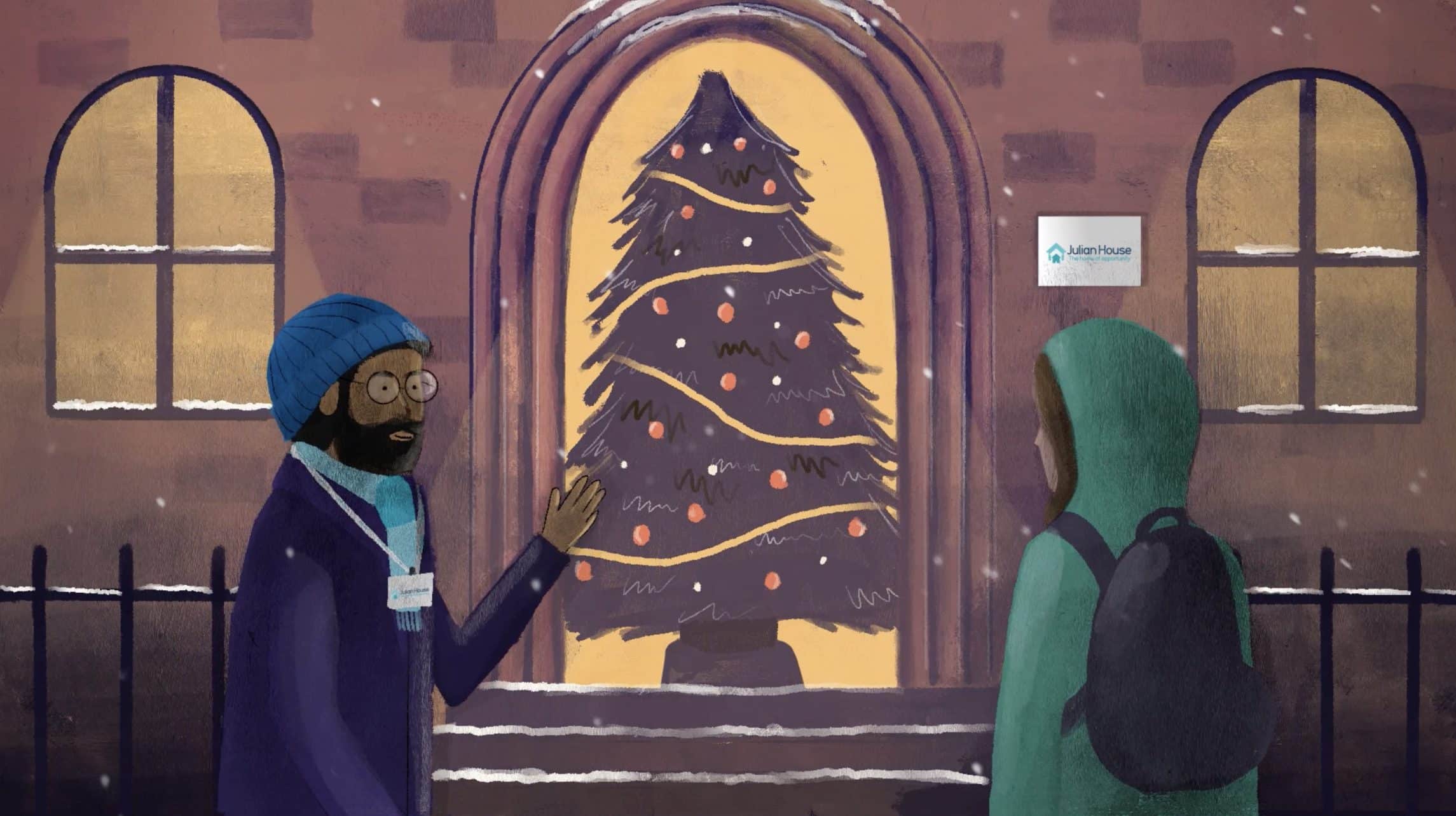 Cartoon of people outside building with Christmas tree