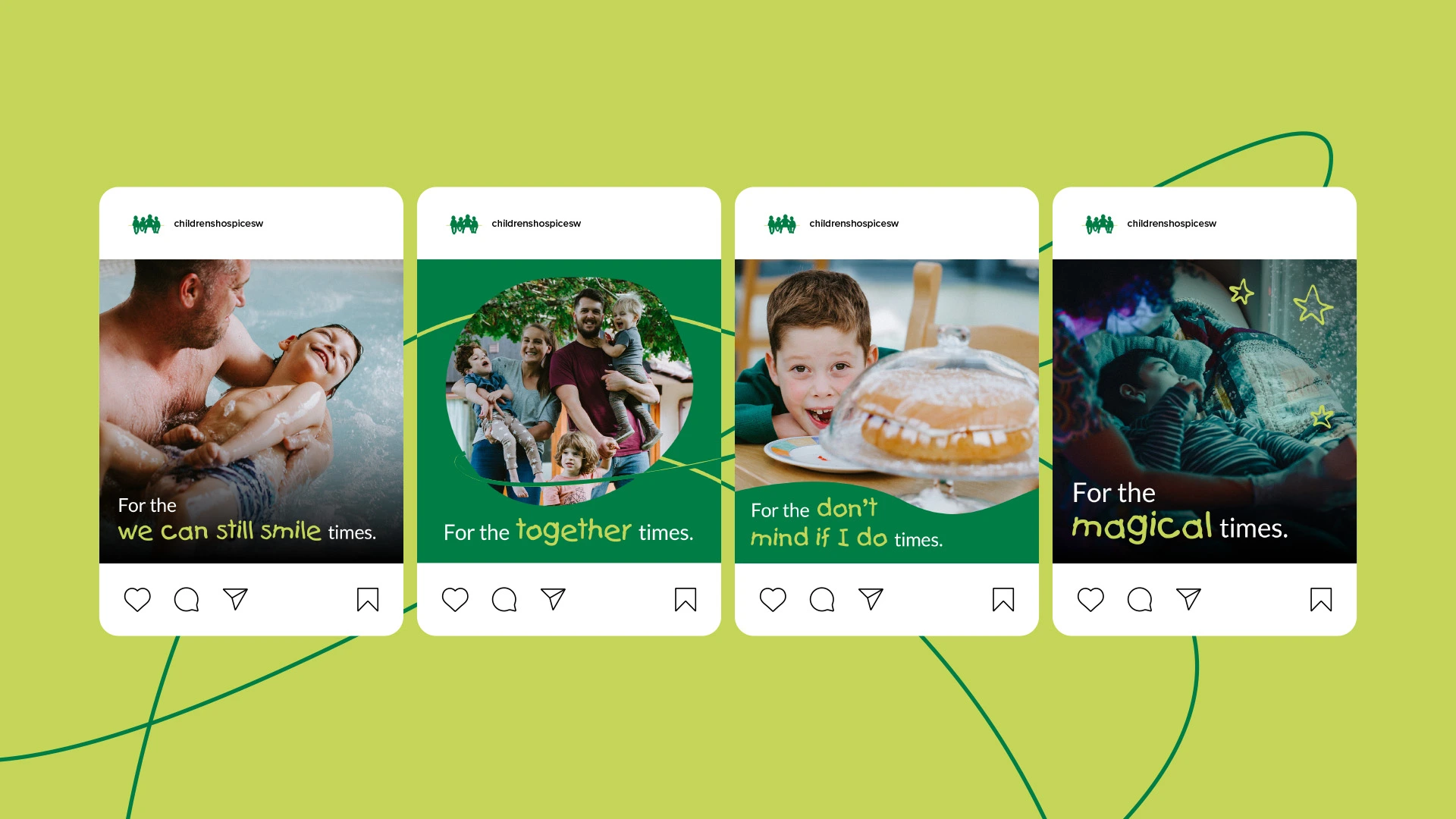 Children's Hospice South West social media posts on a lime background
