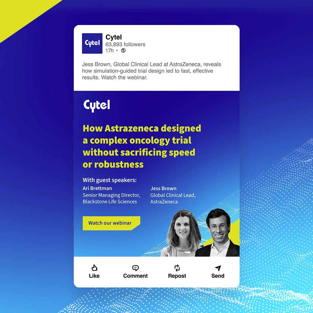Cytel LinkedIn post promoting an AstraZeneca oncology trial webinar