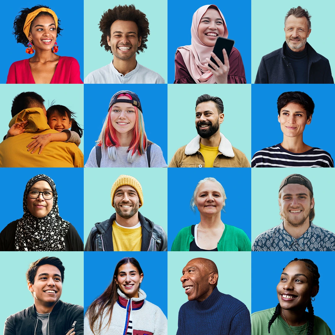 Our Future Health campaign grid of smiling volunteer portraits