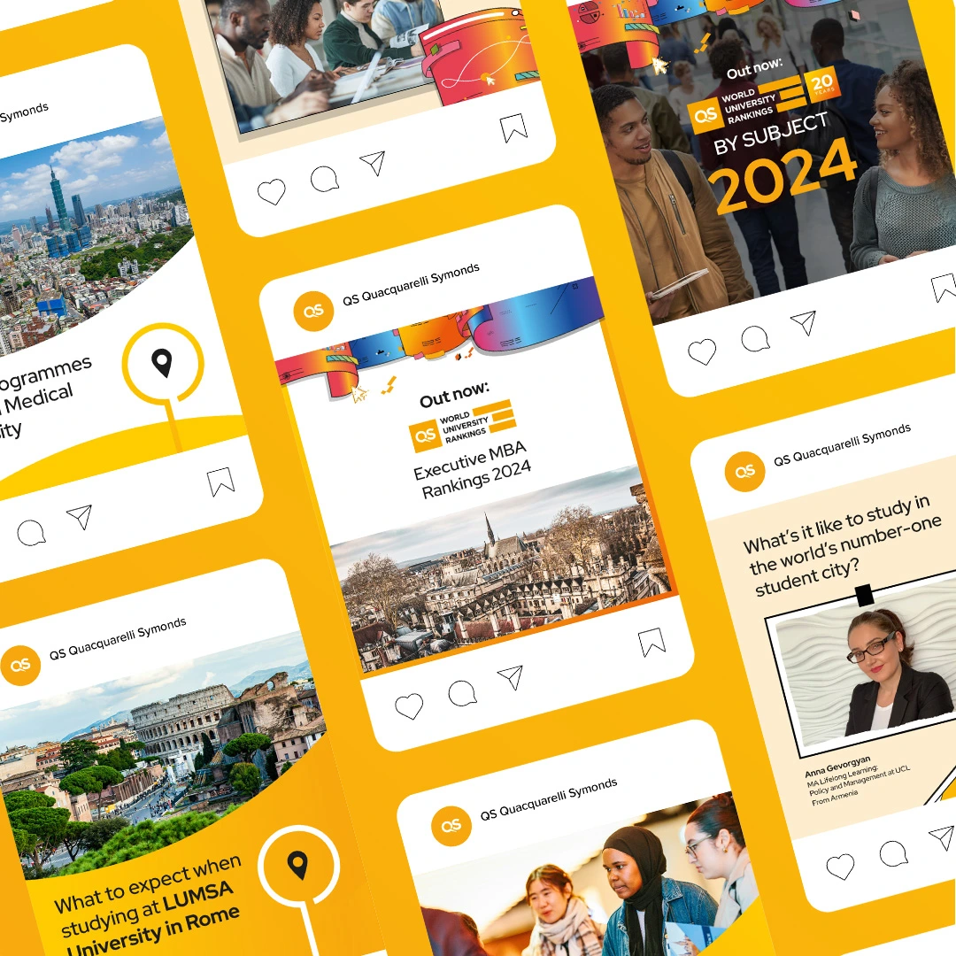 QS social media posts about studying abroad on a yellow background