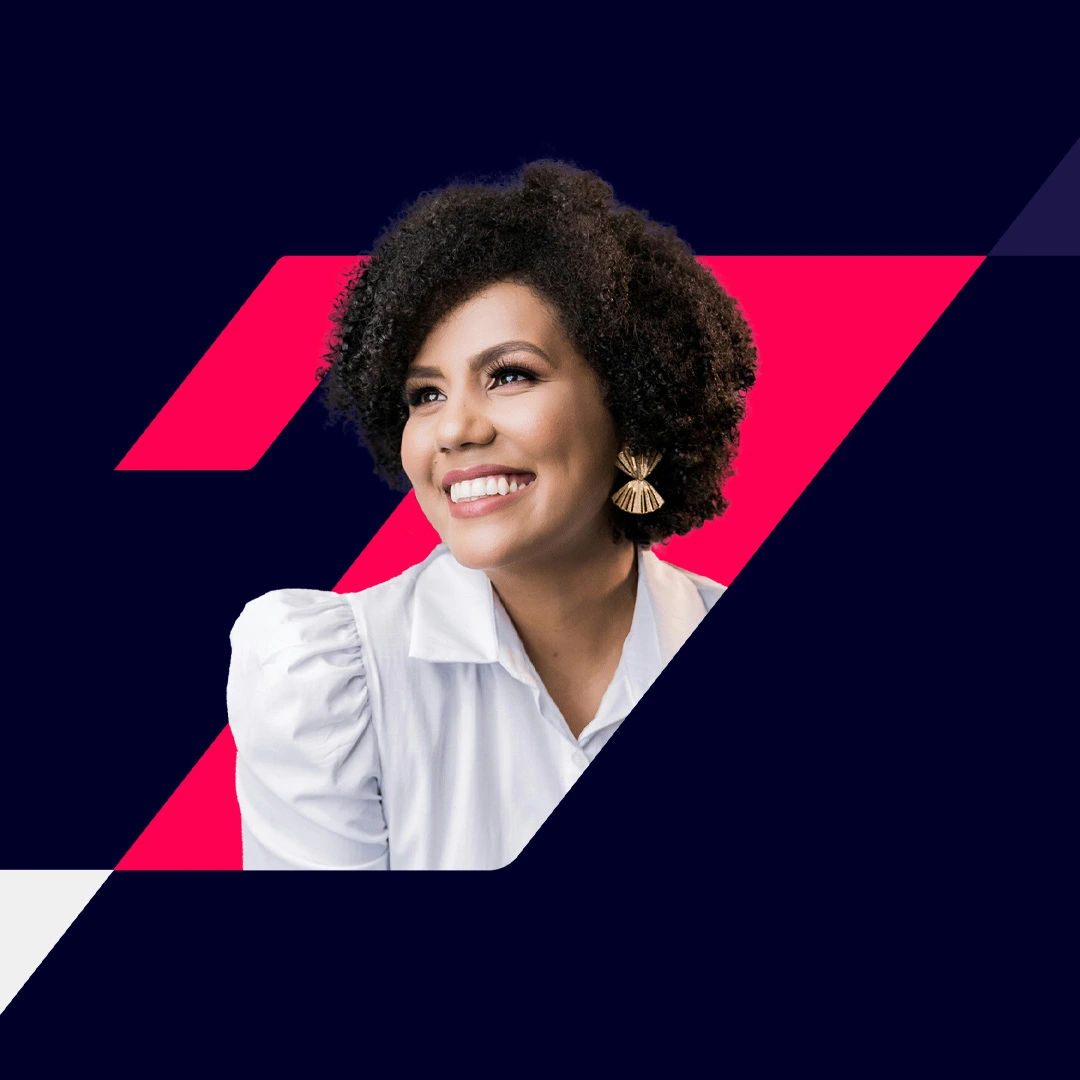 FWD campaign image of a smiling woman with angular pink graphics