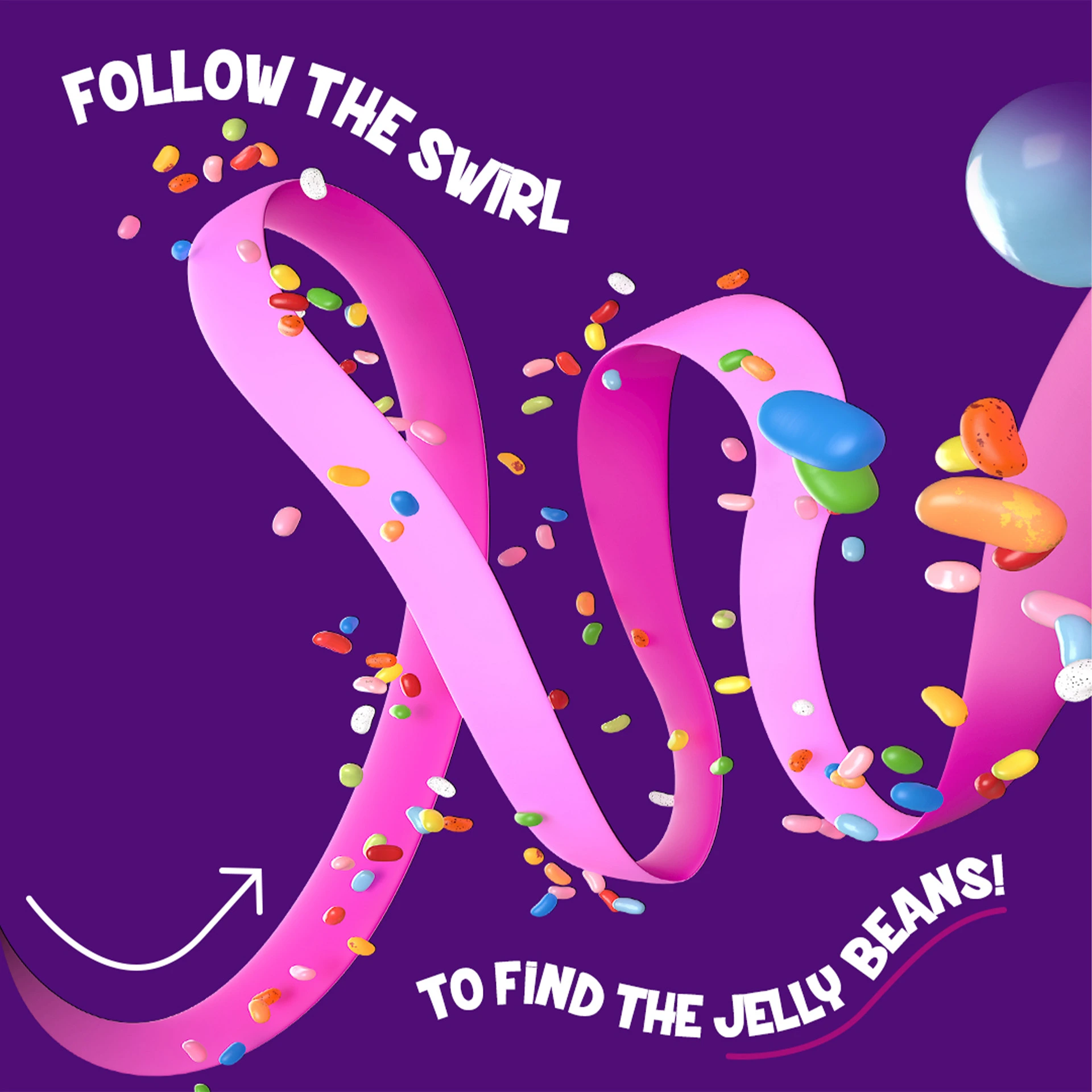 Jelly Bean Factory 'Follow the swirl' graphic with flying jelly beans