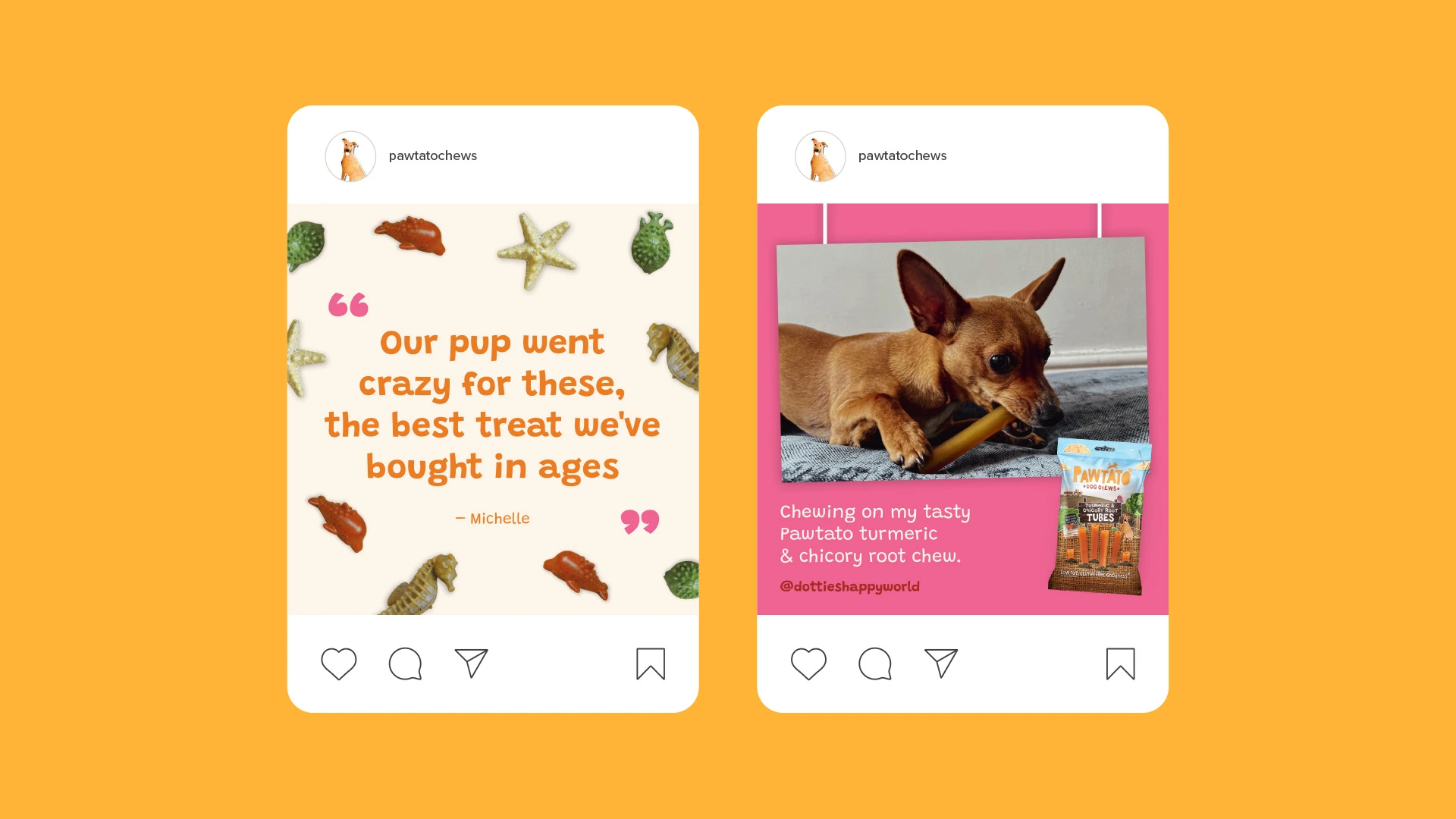 Pawtato social media posts on an orange background