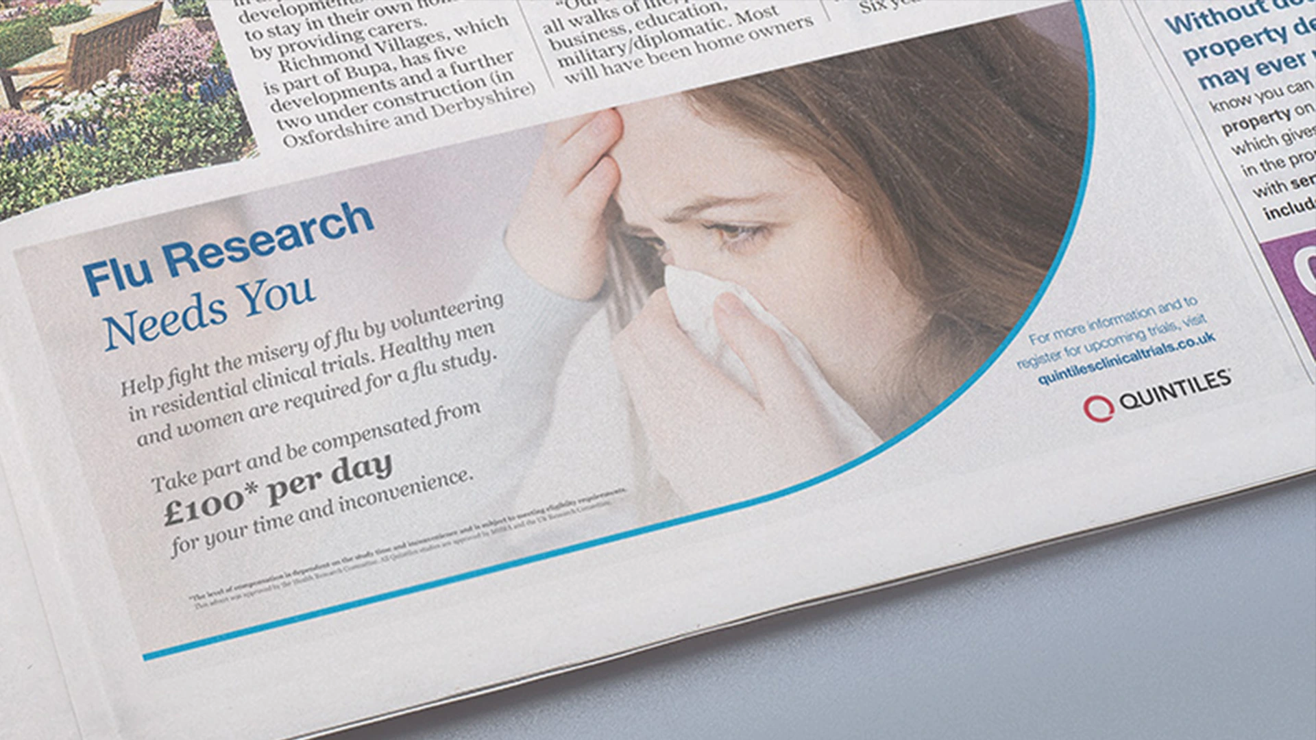 Flu research recruitment advert printed in a newspaper
