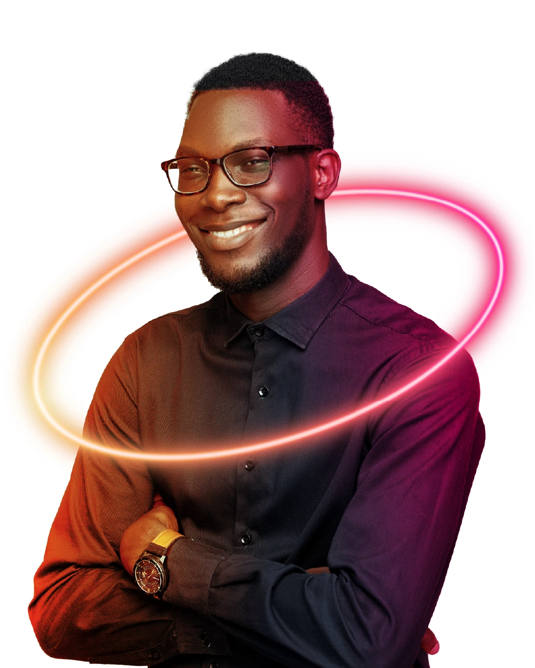 Smiling man in glasses circled by a glowing neon ring