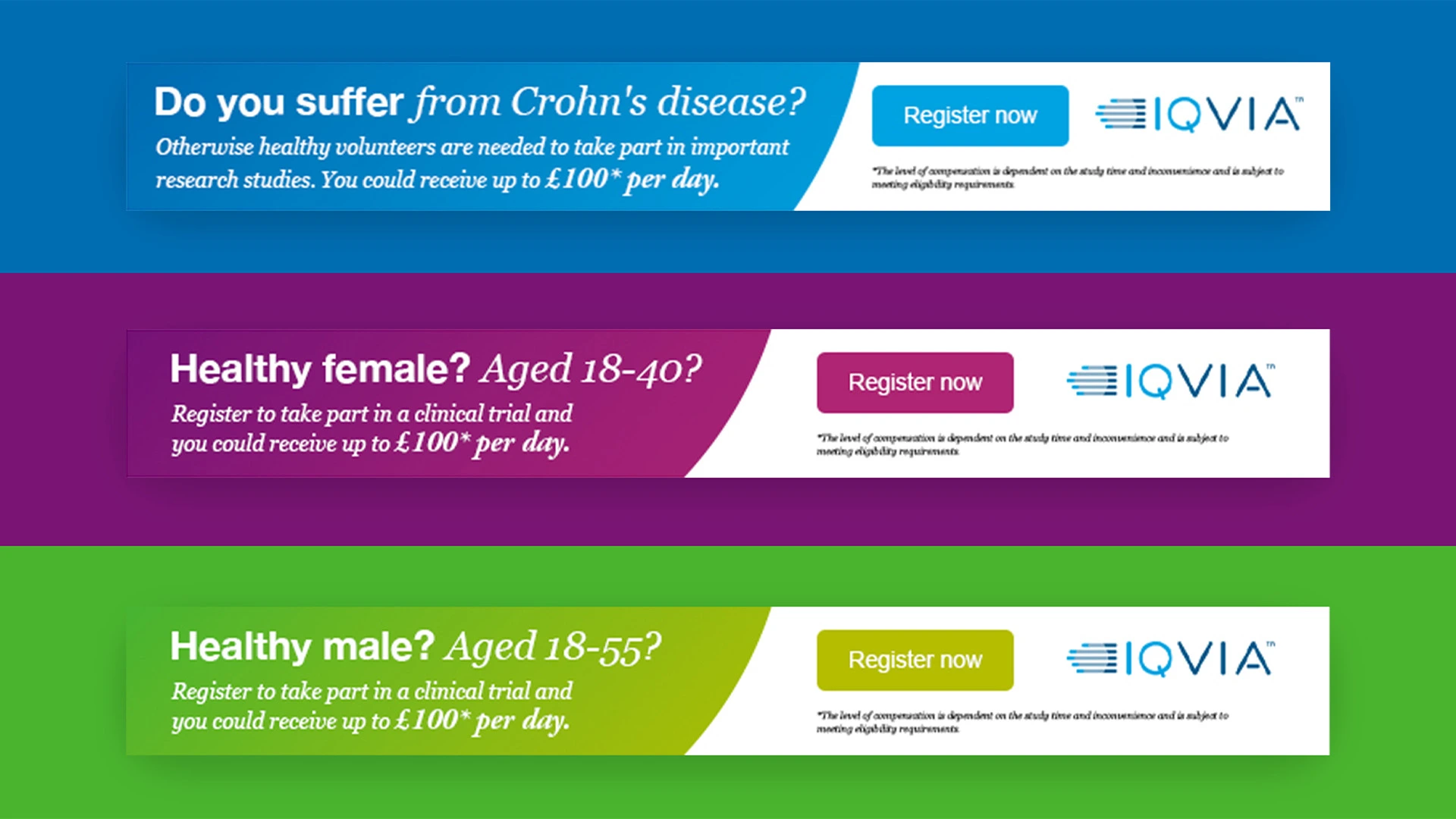 IQVIA clinical trial recruitment banner ads in blue, purple and green