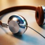 Silver and brown headphones resting on a table