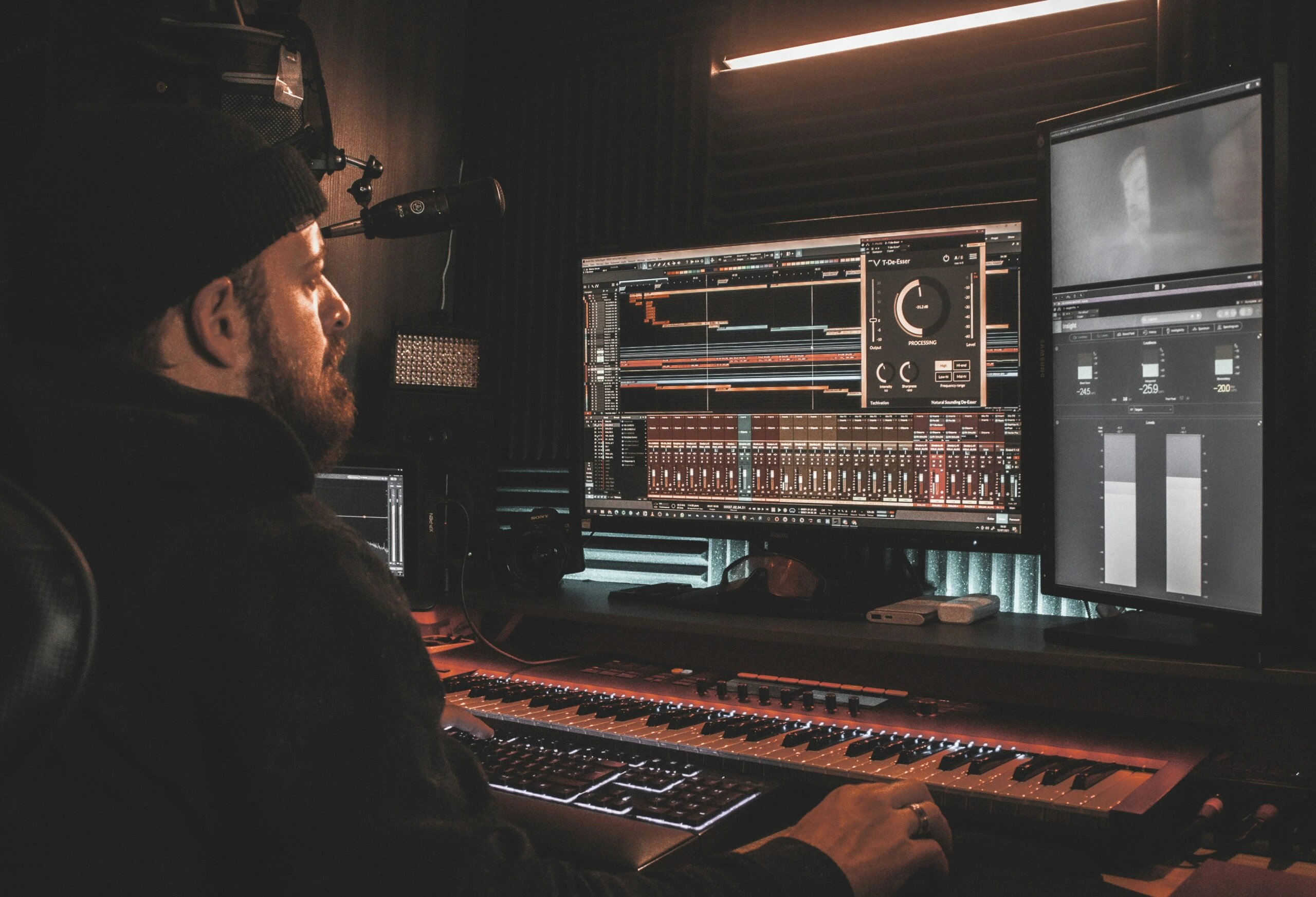 Music producer working at a studio desk with monitors
