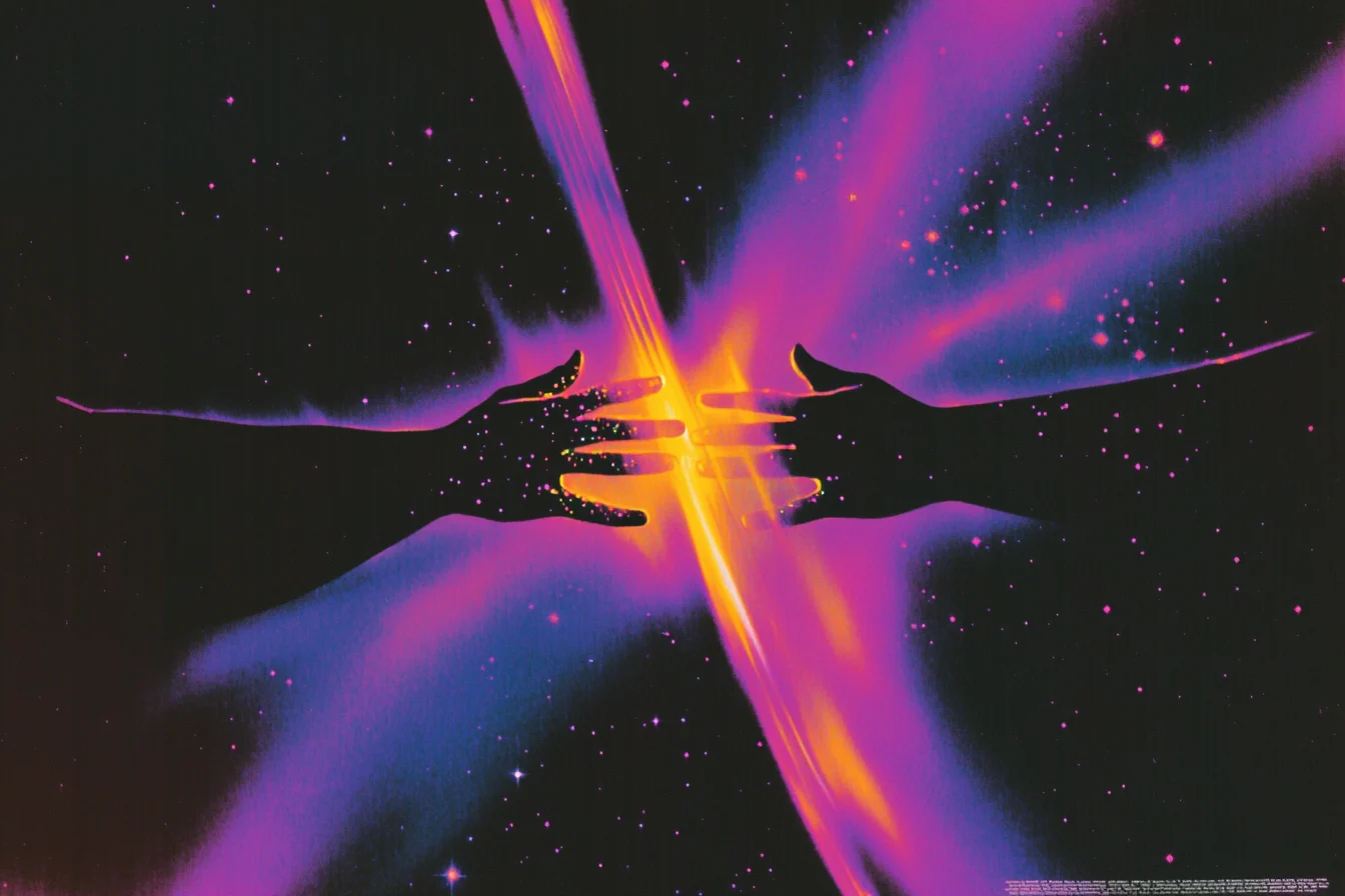 Two hands reaching towards each other through cosmic light