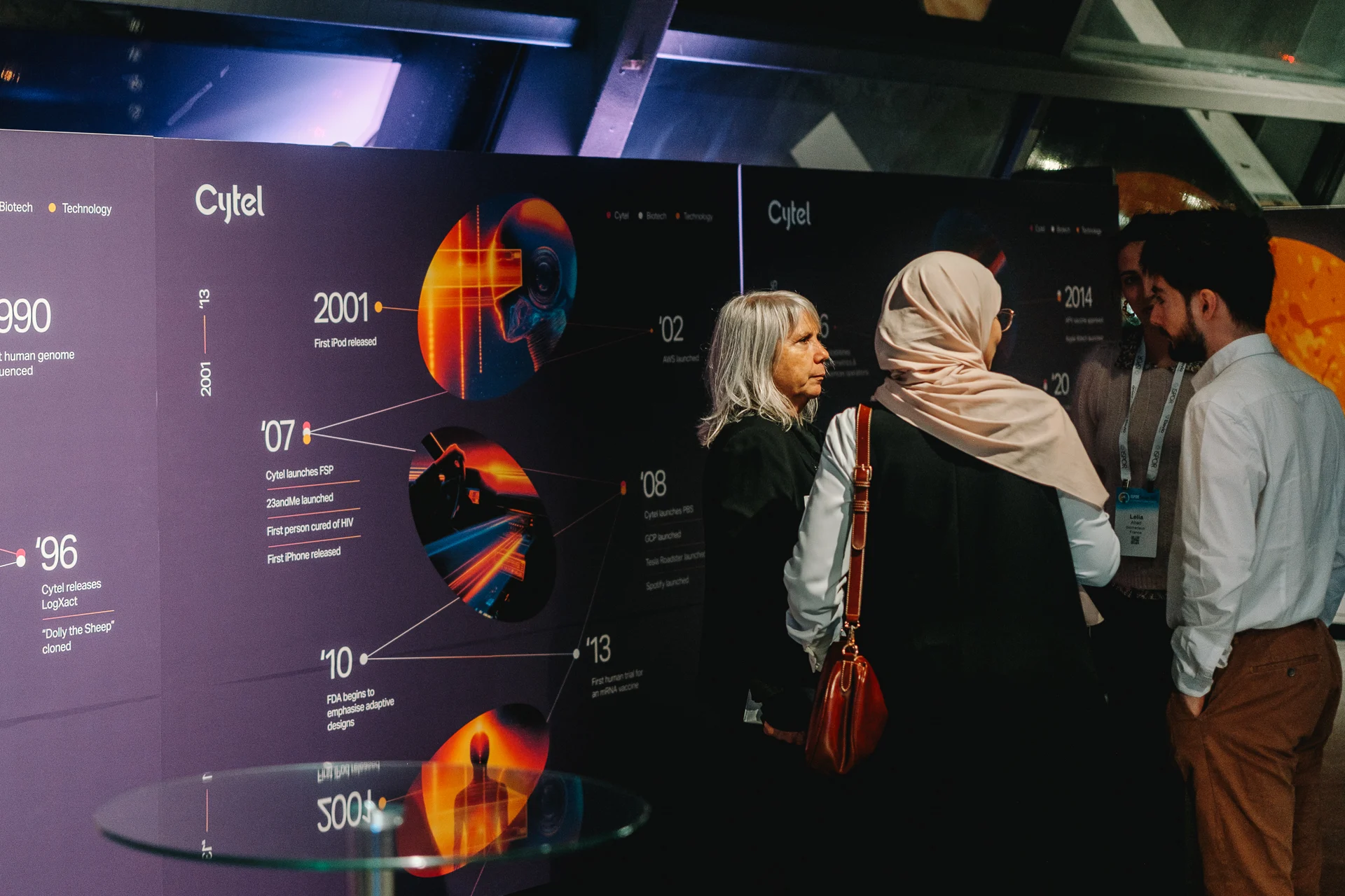 Visitors viewing a Cytel timeline display at an event