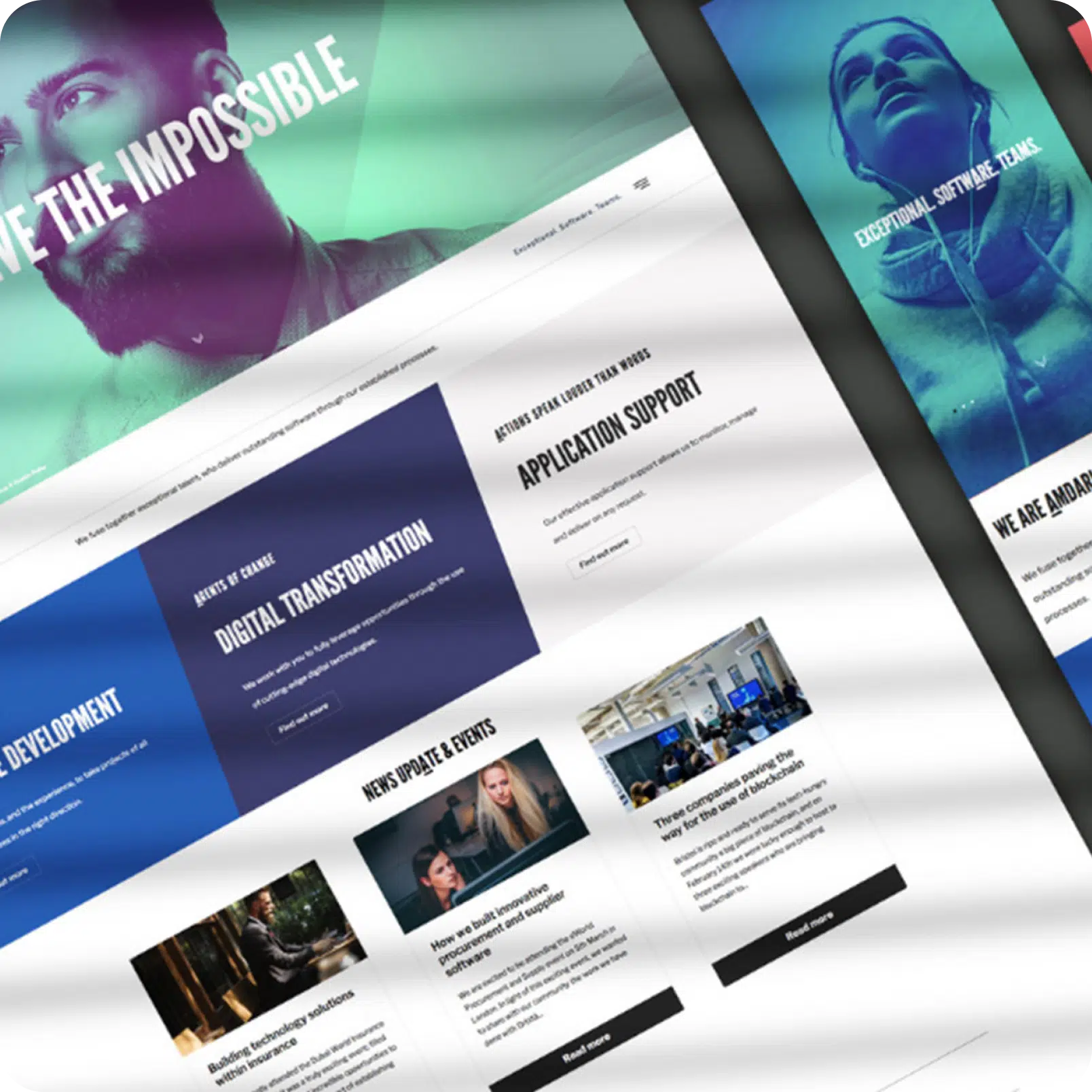 Website page designs shown at an angle