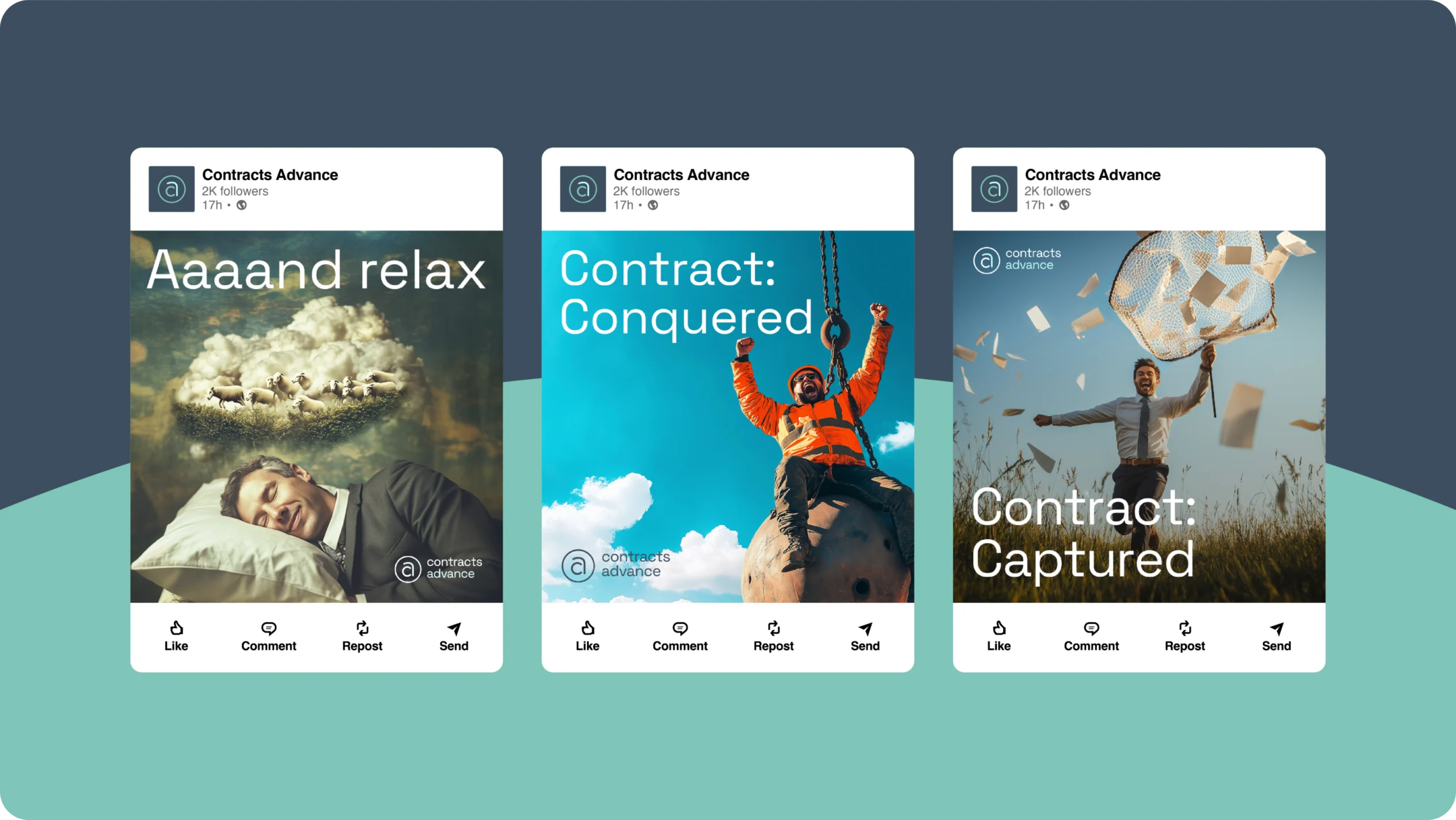 Contracts Advance social media posts on a teal background