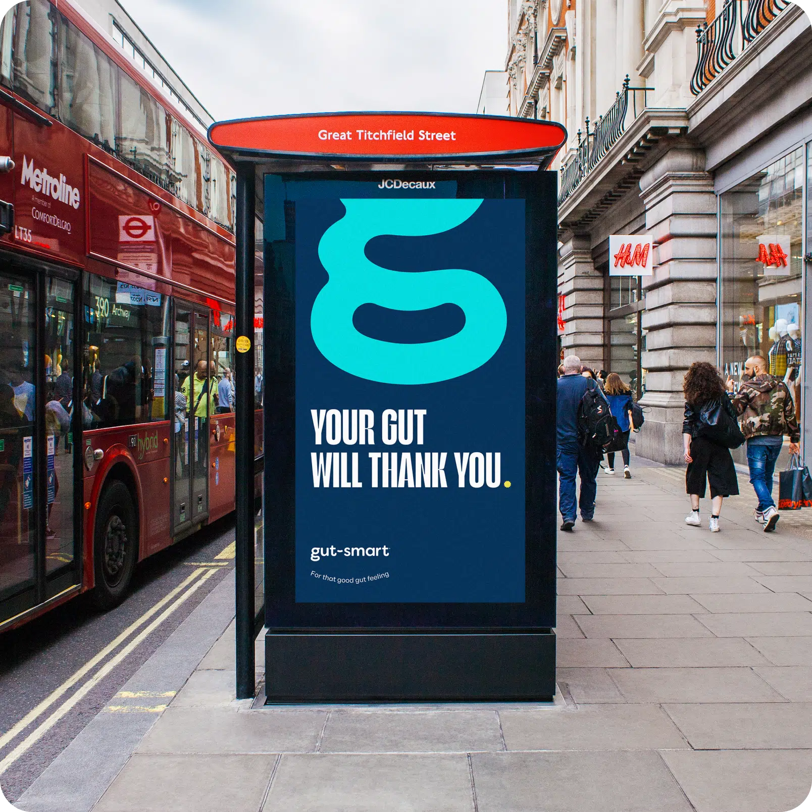 gut-smart bus shelter advert on a busy London street