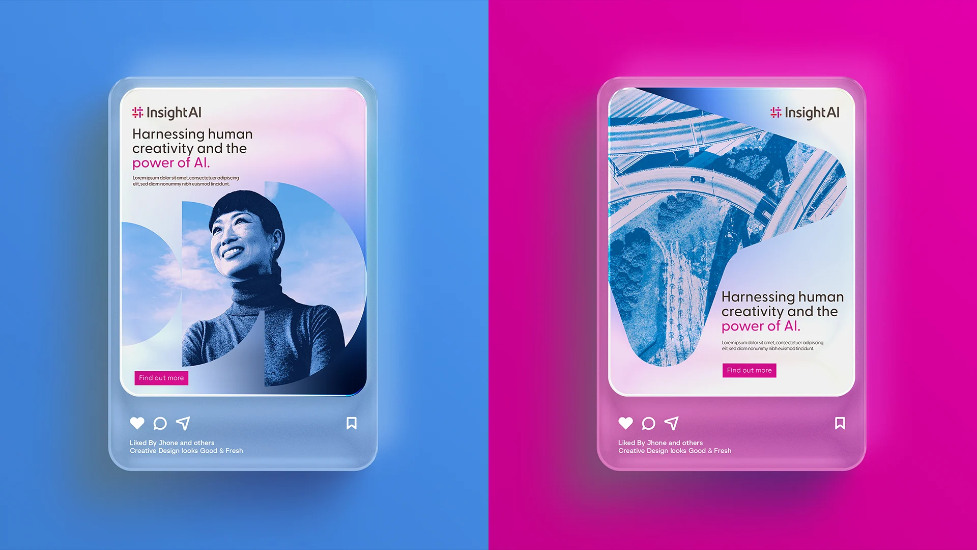 Insight AI social media posts on blue and pink backgrounds
