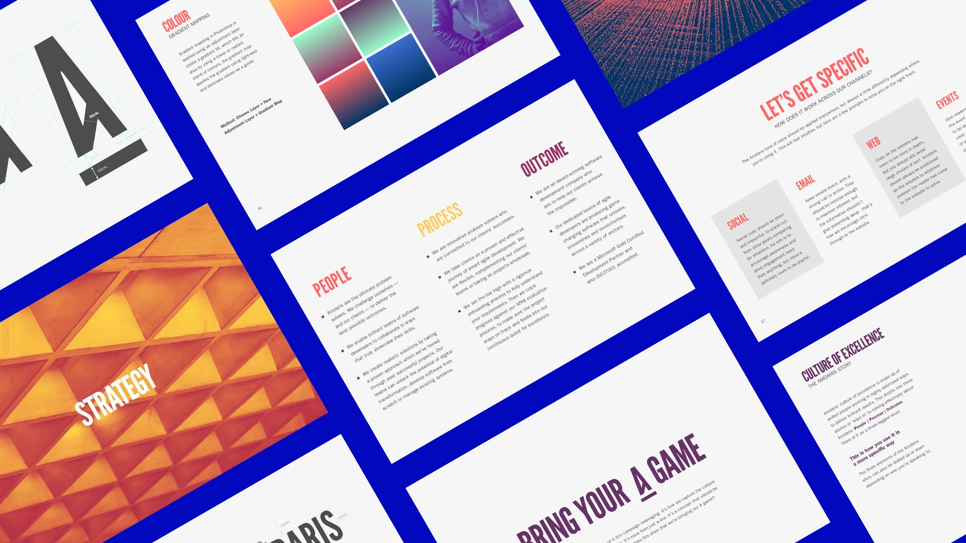 Amdaris brand guidelines pages with bold blue and orange layouts