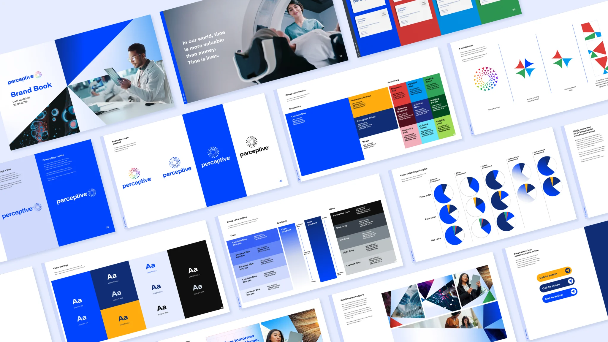 Perceptive brand guidelines pages laid out in a grid