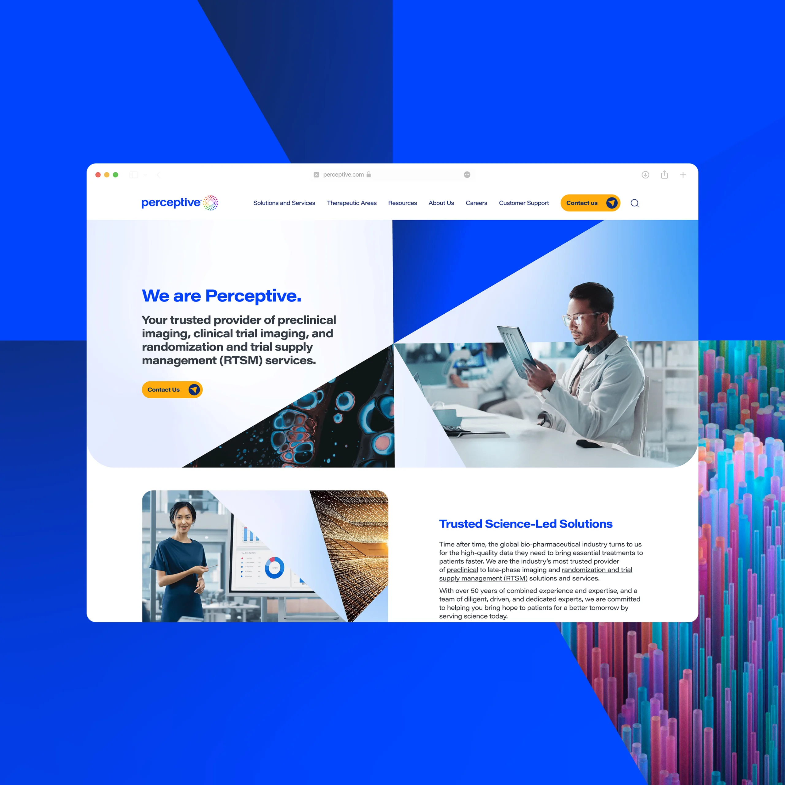 Perceptive website homepage design on a blue background