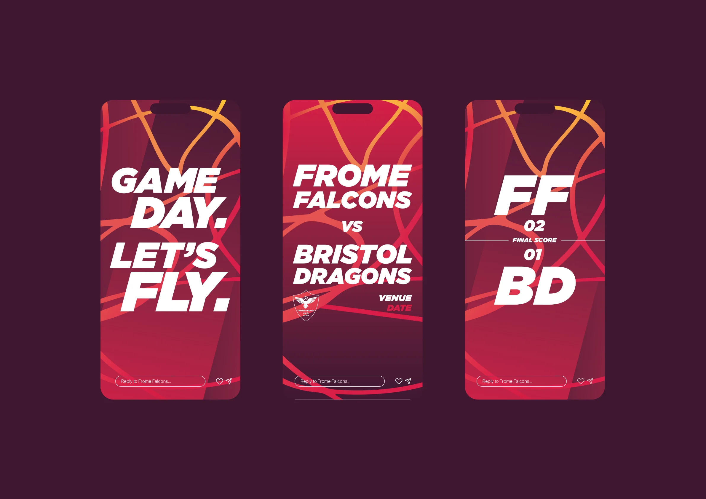 Sports club social posts on phone screens for a Frome Falcons game day
