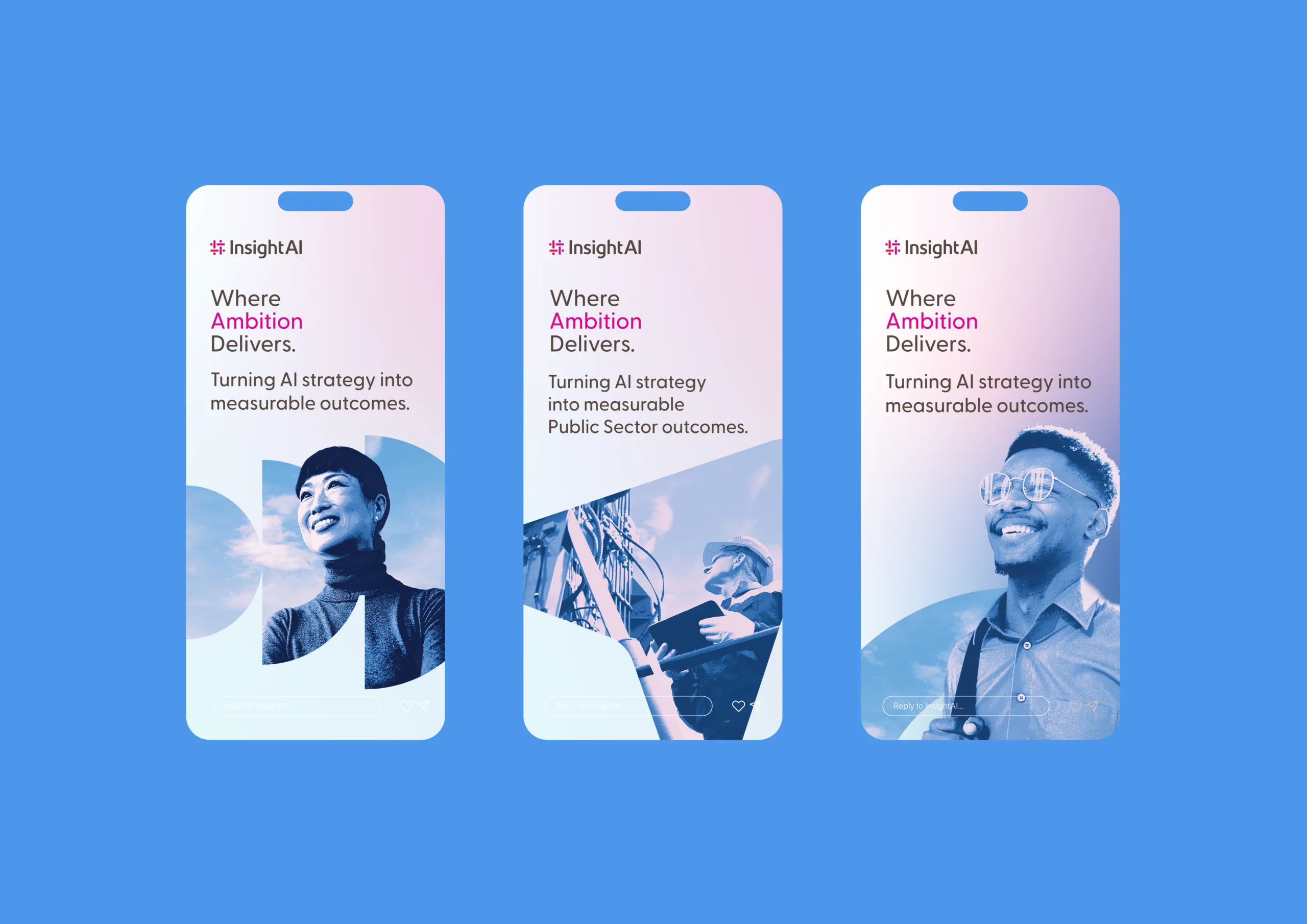 Insight AI mobile screens featuring smiling people