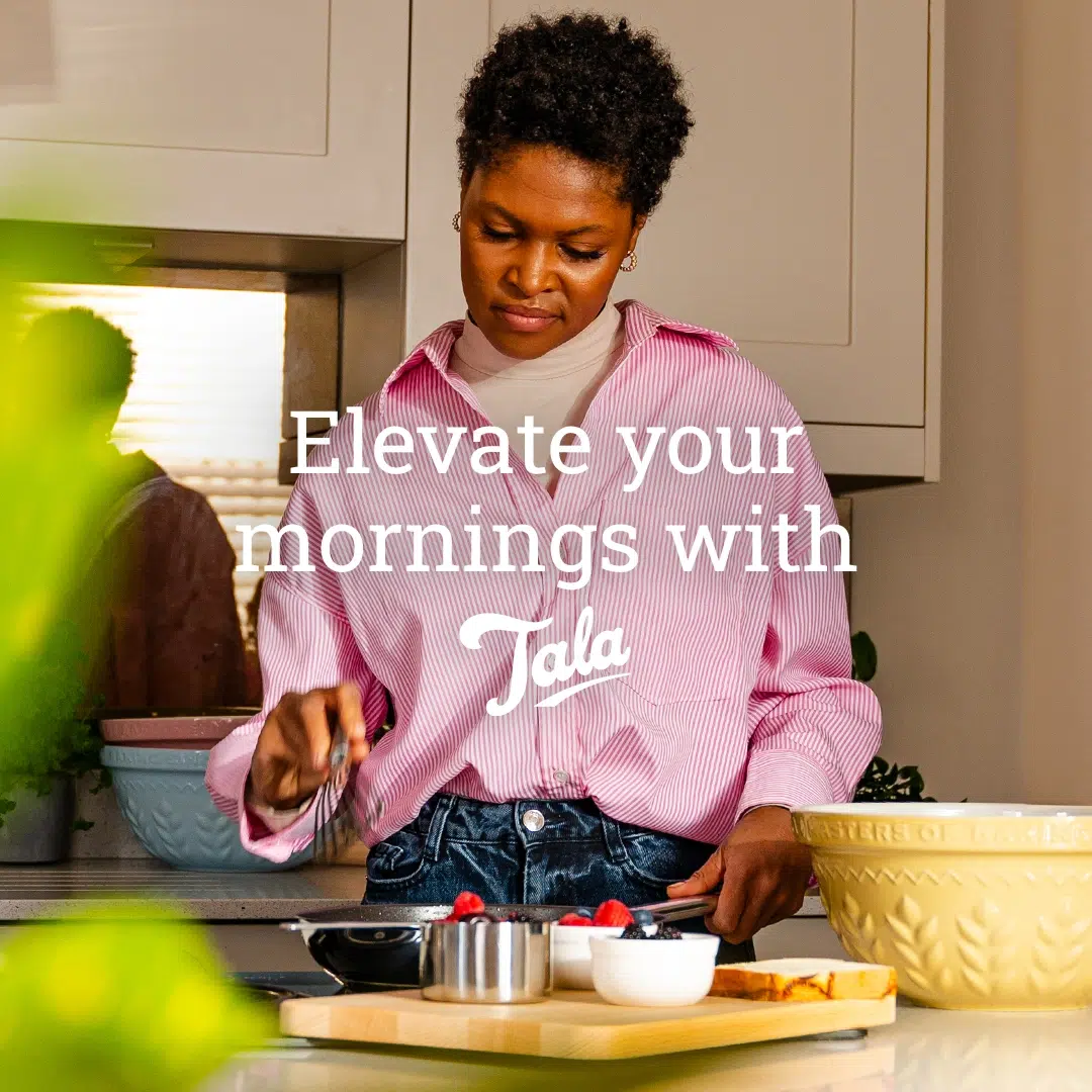 Woman preparing breakfast with Tala bakeware, "Elevate your mornings"