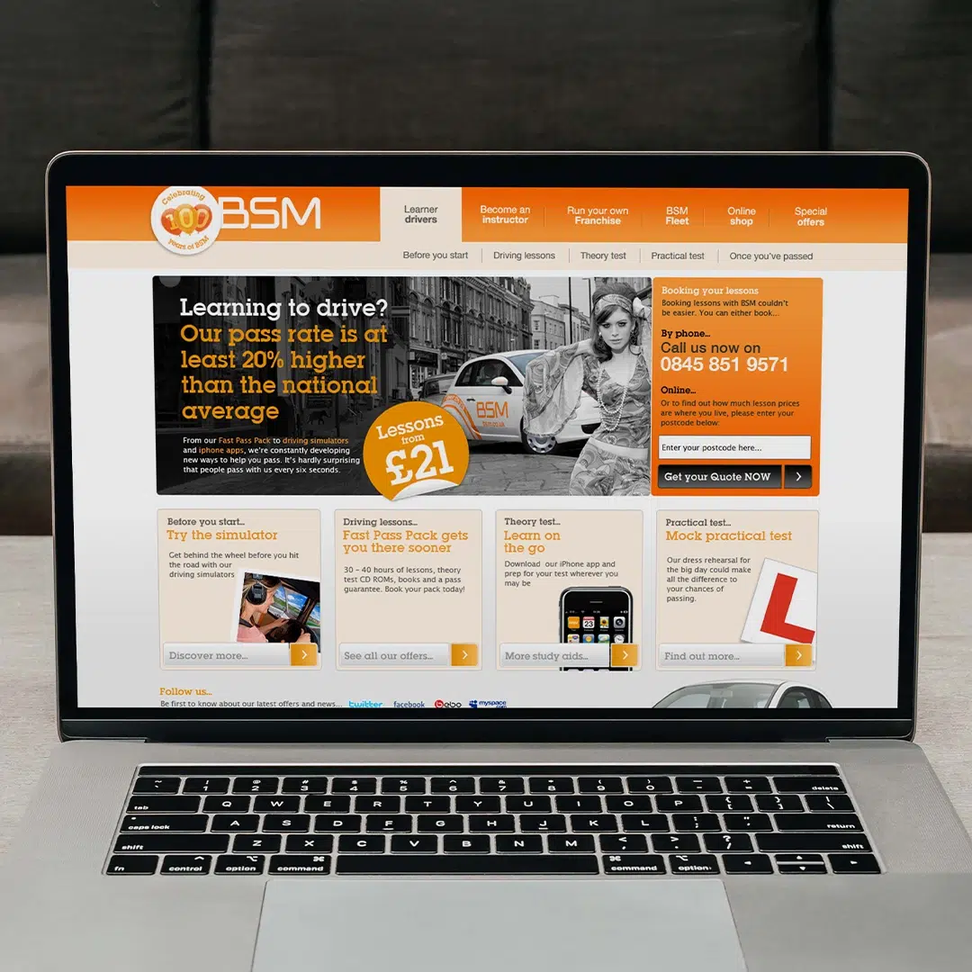 BSM driving school website shown on a laptop
