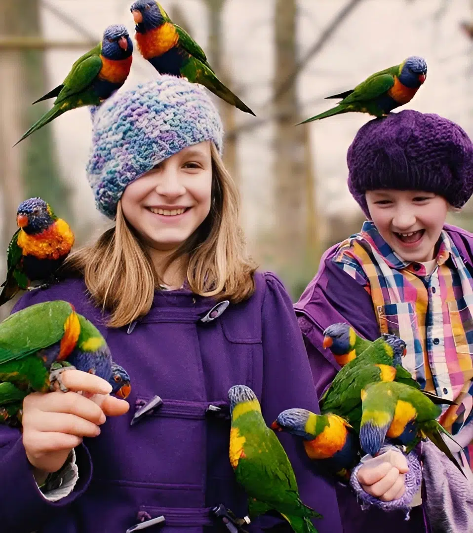 Smiling children with colourful lorikeets perched on their heads and arms