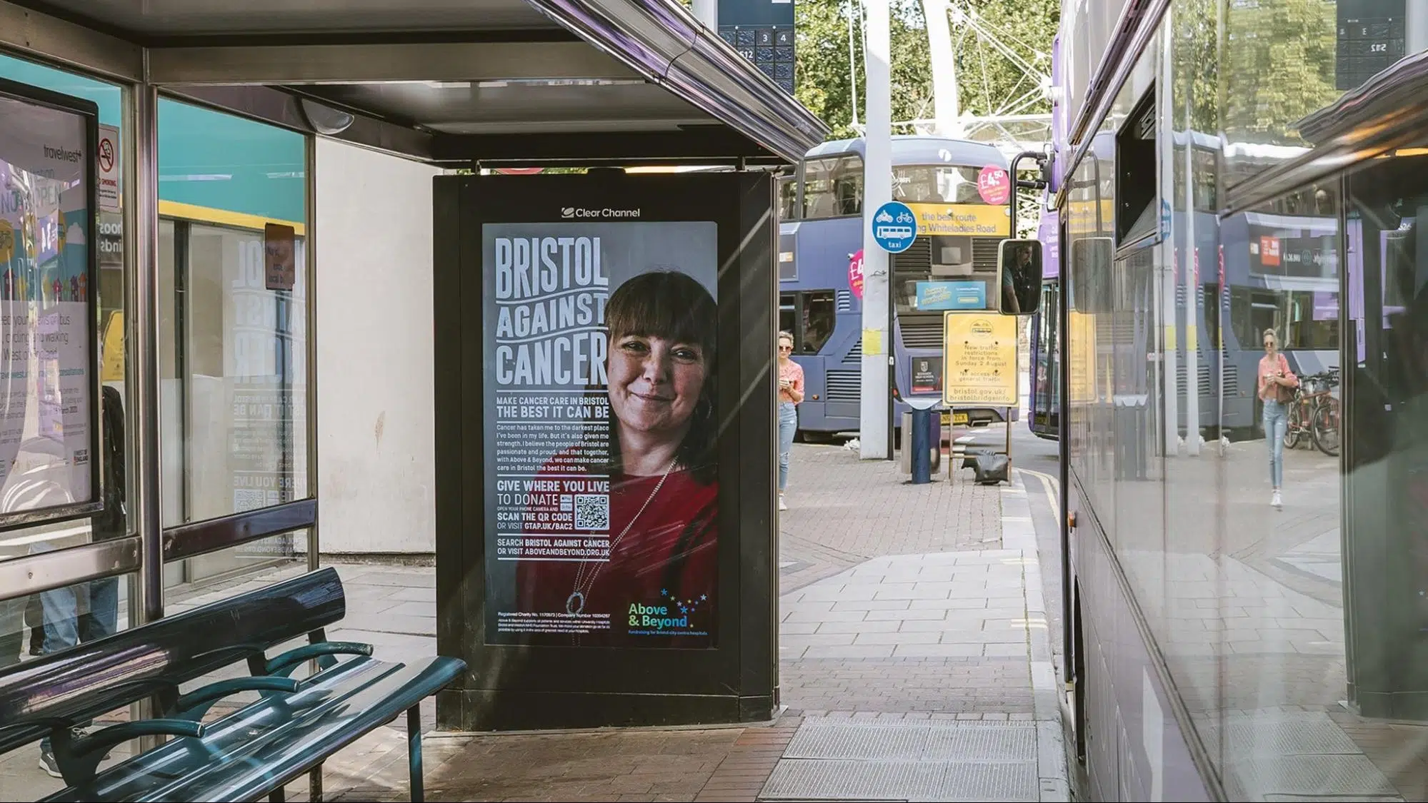 Bristol Against Cancer poster in a city bus shelter