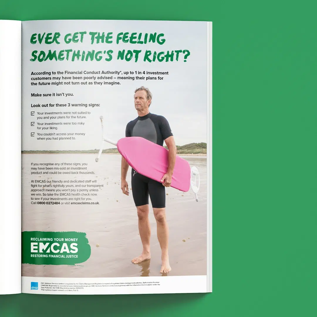 EMCAS magazine advert featuring a surfer on the beach
