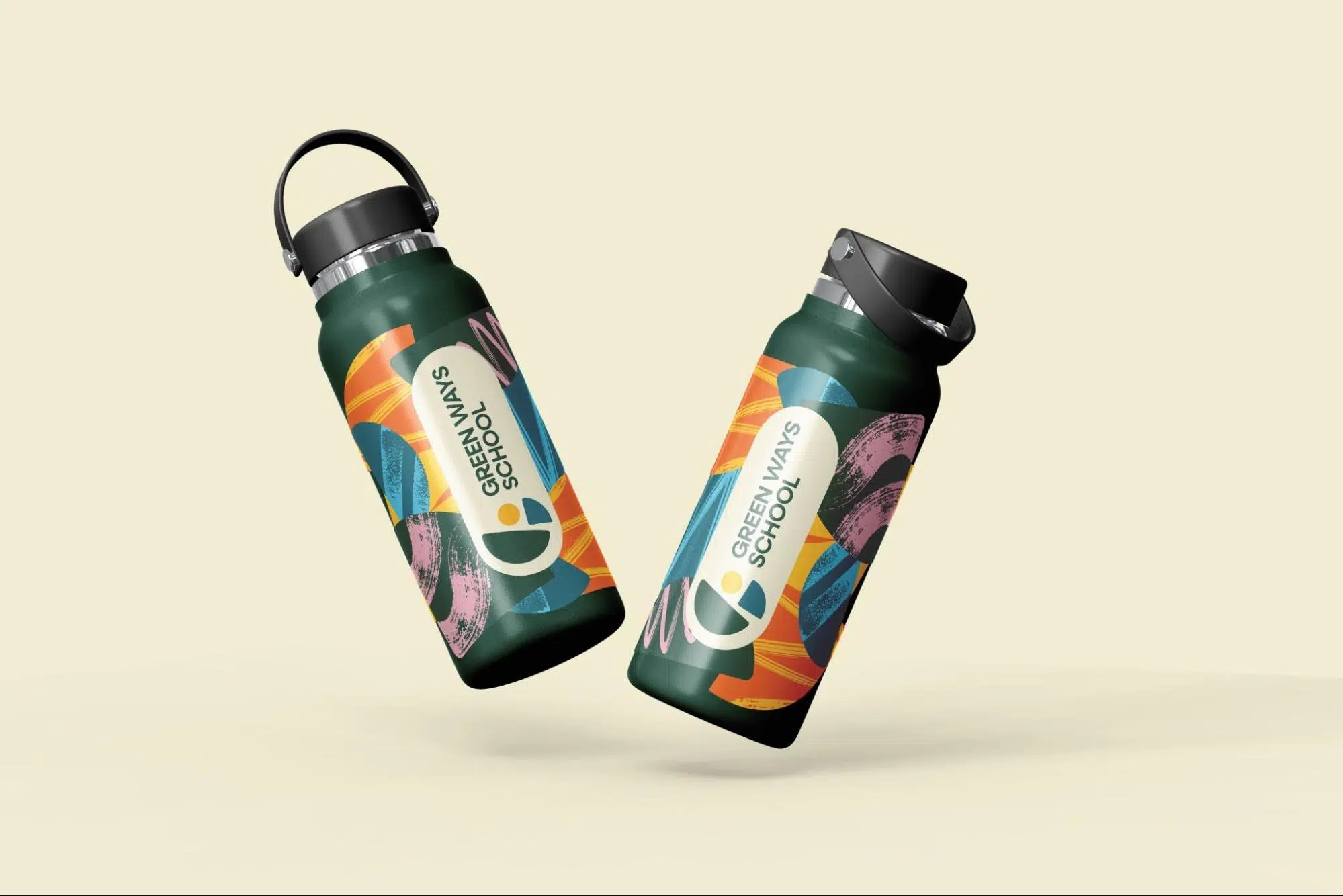 Two reusable drinks bottles with colourful branded artwork